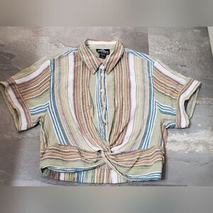 Angie Short Sleeves Crop Top Shirt. Multicolor Stripes. Twisted Front. Boho. L.